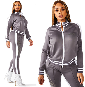 Trajes de entrenamiento de gimnasio para mujer, con cremallera frontal, cuello acanalado y puño, pista a rayas laterales, para trotar, ajustados, con cremallera, para el sudor - Product Image 1