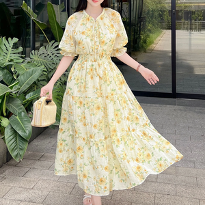Robe longue en mousseline de soie à fleurs élégante pour femmes - Robes de soirée décontractées printemps-été - Product Image 1