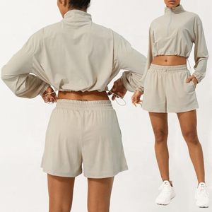 <b>Womens</b> Tracksuit Crop Windbreaker Half Zip Pullover <b>Jacket</b> and High Waist Running Shorts Set Custom Athletic Sportswear - Product Image 3