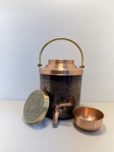 Premium Antique <b>Copper</b> Water Dispenser Tank 8LVintage Damask Etched Ayurvedic Matka Camper with Brass Carry <b>Handle</b> Leakproof Tap - Product Image 3