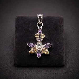 Pendentif en argent sterling 925 avec pierre précieuse améthyste, design floral fait main, bijoux en pierre naturelle multicolore - Product Image 4