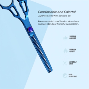 กรรไกรซอยผมมืออาชีพ ขนาด 5.5 นิ้ว สีน้ำเงินไทเทเนียม รุ่น J2 420 เหล็กญี่ปุ่น พร้อมสกรูปรับระดับ ใบมีดคม - Product Image 2