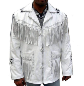 Veste en cuir PU blanche pour homme avec franges brodées, style western, décontractée, hiver, fermeture éclair sur le devant, logo, col rabattu, coupe classique - Product Image 1