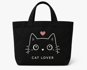 Bolsa de lona negra con diseño impreso para amantes de los gatos, bolsa de compras para todas las estaciones - Product Image 1