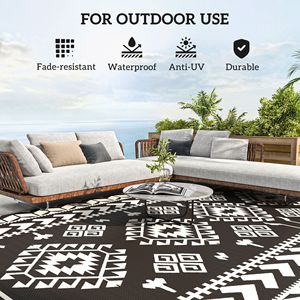 Tappeto da Esterno Reversibile Impermeabile 9FT X 18FT Bianco e Nero in Paglia Sintetica con Borsa per il Trasporto, Motivo a Rombi Bianco e Nero - Product Image 6