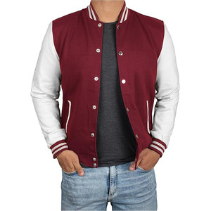 Letterman Varsity <b>Jacket</b> with Stand Collar Wool Shell Ribbed Trim Patchwork Cartoon Print OEM Service for <b>Men</b> - Product Image 1