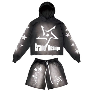 Trendy Custom Brand Logo Printed Crop Zip Hoodie & Wide Leg Sweat shorts High Quality Rhinestone 100% Cotton Hoodie & Shorts - Product Image 5