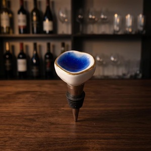 Ceramic Bottle <b>Stopper</b> with Blue Glaze and Gold Trim for Wine Sealing - Product Image 3