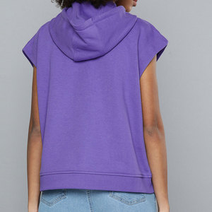Sweat-shirt sans manches à capuche pour femme, violet uni, en coton tricoté respirant, pour l'automne, avec poches, design épaules tombantes - Product Image 2