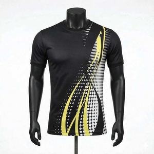 Camiseta de Manga Corta con Cuello Redondo y Estampado Geométrico Negro y Amarillo para Hombre, de Secado Rápido, Tejido de Punto, Corte Ajustado, Estilo Deportivo - Product Image 1