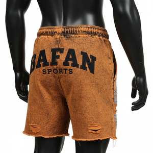 Shorts en molleton de coton 340 GSM, effet délavé, orange vintage, logo en strass, pour homme - Product Image 5