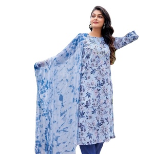 La última impresión digital de muselina al por mayor con trabajo de espejo hecho a mano con pantalón afgano de seda con Nazneen Seburi teñido Dupatta - Product Image 1