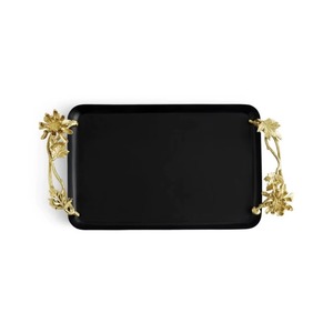 Luxurious Rectangular <b>Black</b> <b>Decorative</b> <b>Tray</b> with Gold Floral Handles Contemporary Design Single-Piece Package - Product Image 3