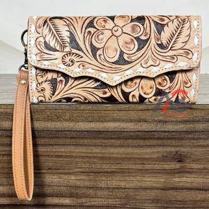 Factory Price Hot Selling Women's Elegant Handcrafted Tooled Leather Wristlet Clutch Floral Pattern <b>Card</b> & Cash <b>Holder</b> Purse - Product Image 1