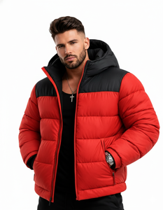 Blouson matelassé à capuche pour homme, rouge et noir, chaud pour l'hiver, épais, zippé, écologique, imperméable, style streetwear décontracté - Product Image 1