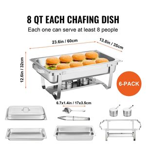 Set Buffet in Acciaio Inossidabile da 8 Qt, 6 Pezzi, con 6 Vasche Rettangolari Grandi, Scaldavivande Professionale con Coperchio, Chafing Dish Manuale per Catering - Product Image 2