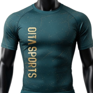 Ensemble T-shirt et short de compression pour homme, couleur vert-bleu foncé et or, séchage rapide, extensible, pour la gym, le fitness, l'entraînement, la course à pied, les vêtements de sport athlétiques - Product Image 3