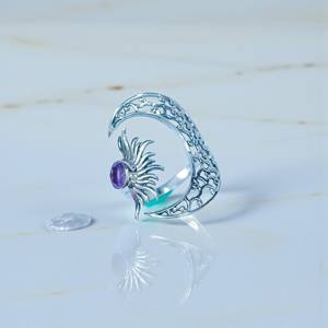 Anillos de Plata de Ley 925 Hechos a Mano con Gema de Amatista Morada Tallada, Diseño Cielo y Luna - Product Image 2