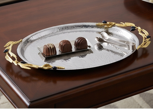 Bandeja de Servir Ovalada Plateada de Lujo ACMI con Asa de Hoja de Oro, Acabado Metálico Pulido, Diseño Elegante, Apta para Lavavajillas y Microondas, Uso Residencial - Product Image 5