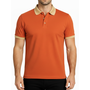 เสื้อโปโลชายสีส้มไหม้ขายดี คอปกสีทองตัดกัน ทรงเข้ารูป แขนสั้น สำหรับตีกอล์ฟ - Product Image 1