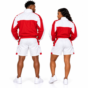 Ensemble de survêtement unisexe rouge et blanc, veste zippée à manches longues et short respirant, idéal pour le printemps - Product Image 3