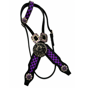 Ensemble de têtière et de collier de poitrail pour cheval Western en cuir noir, avec incrustation à carreaux violets et conchos en strass, confortable et durable - Product Image 3
