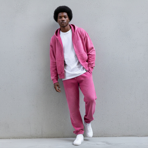 Survêtement unisexe rose à capuche, coupe ample, couleur unie, 100 % coton, style streetwear décontracté avec fermeture éclair et poches latérales - Product Image 1