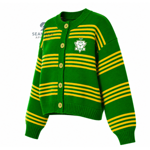 Cardigan en tricot rayé pour femmes de la sororité Chi Eta Phi, boutonné, manches longues, col rond, vert jaune, brodé, pull décontracté - Product Image 2