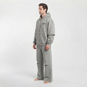 Custom Logo Men Cotton Fleece Tracksuit Set Distressed <b>Full</b> <b>Zip</b> <b>Hoodie</b> Drop Shoulder Relaxed Fit Joggers Pants - Product Image 3