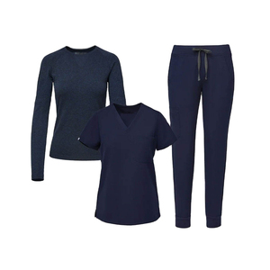 Ensemble de blouses médicales pour femmes, bleu marine, avec poches et porte-stéthoscope, pour usage hospitalier, en mélange de coton tricoté, manches longues. - Product Image 3