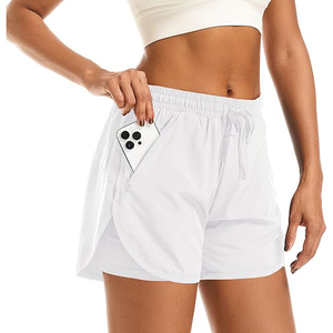 White High Waisted Women Gym Shorts 2 in 1 Polyester Double Layer Workout Shorts with <b>Drawstring</b> Running Gear - Product Image 1