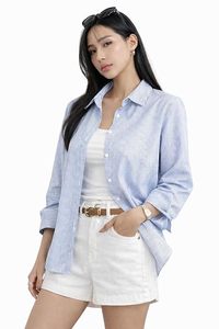 Camisa de mujer rosa a rayas con botones, manga larga, corte holgado, de popelina de algodón, blusa informal para primavera/verano, combina con pantalones blancos. - Product Image 5
