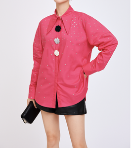 Camisa de Mujer con Botones y Estampado de Lunares Rosas, Manga Larga, Corte Holgado, Informal, para Uso Diario, Blusa de Popelina Tejida con Botones Decorativos - Product Image 2
