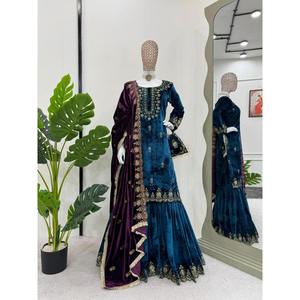 Conjunto de Kurta/Kurti para Mujer RICH LOOK con Top de Terciopelo Modal con Bordado de Hilo y Sharara con Dupatta Color Cielo - Product Image 1