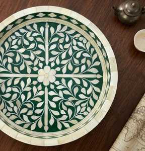 Handmade Green Bone Inlay Tray Round Decorative Serving Tray Coffee <b>Table</b> Organizer Gift - Product Image 5
