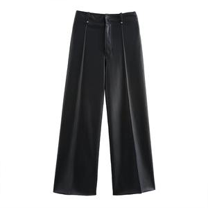 Pantalon large en cuir taille haute pour femme, plissé devant, longueur intégrale, couleur unie, style minimaliste, pour l'automne - Product Image 1