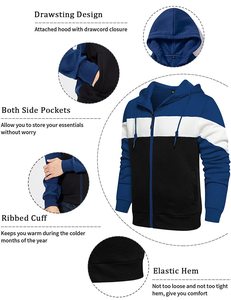 Full <b>Zipper</b> Color Blocking Hooded Casual Autumn Wear Blue White <b>Black</b> French Terry Customized <b>Hoodies</b> - Product Image 3