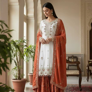 Ensemble Sharara pour femme avec broderie et sequins, haut et dupatta, idéal pour les fêtes, infroissable et anti-humidité - Product Image 1