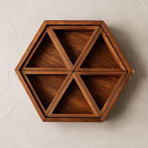 Traditional Wooden Masala Dabba with Geometric Multi Compartment Design Hinged Lid for Organized Spice and Seasoning Storage <b>Box</b> - Product Image 5
