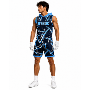 Ensemble de sport personnalisé pour hommes 7 sur 7 : Maillot à capuche sublimé, débardeur et short – Noir et rose – Tenue de match de football américain - Product Image 3