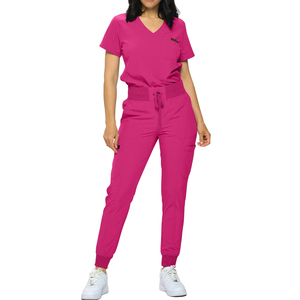 Ensemble de blouses roses pour femmes, haut à col en V avec pantalon à cordon de serrage, uniformes d'hôpital, tissu tricoté en polyester - Product Image 6