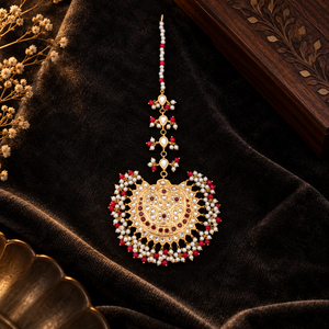 Gold Plated Red Beaded Kundan Style Maang Tikka with Faux Pearls <b>Pakistani</b> Bridal Hair <b>Jewelry</b> Wholesale Manufacturer - Product Image 3
