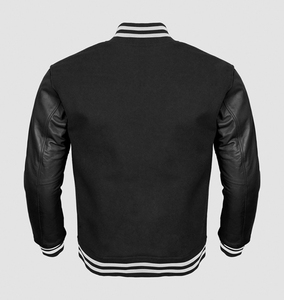 Custom Made Winter Varsity <b>Jacket</b> with <b>White</b> Leather Sleeves & Black Wool Body <b>Waterproof</b> Knitted Processing for Letterman - Product Image 6