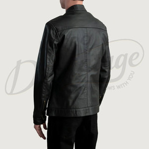 Chaqueta de Cuero Genuino Negra para Hombre, Estilo Motero, Cuello Alto Minimalista, Corte Ajustado, Elegante, Informal - Product Image 2