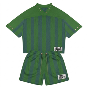 <b>Mens</b> 150 GSM Poly Mesh Jersey <b>Short</b> Set Two Tone Green Striped Sublimated Woven <b>Patch</b> Custom Team Uniform <b>short</b> set for <b>men's</b> - Product Image 1