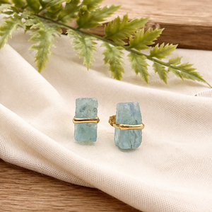 Raw Aquamarine <b>Stud</b> <b>Earring</b> Center Bezel <b>Set</b> Handmade Natural Gemstone January Birthstone Jewelry Gift for Women - Product Image 1