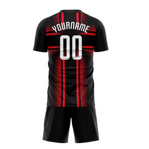 High Quality Athletic Fit Men's Sublimated Soccer Uniform Set Black <b>Red</b> Striped Short Sleeve Training Wear Football Jerseys Set - Product Image 3