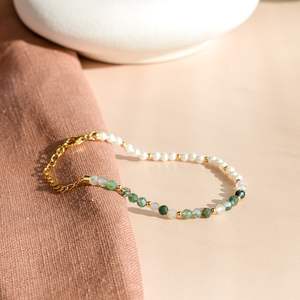 Bracelet en agate mousse, délicat, avec pierres précieuses, perles fines, argent sterling 925, plaqué or 14 carats, cadeau pour elle - Product Image 1