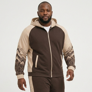 Men Plus Size Color Blocked Zip Hoodie Geometric Print Casual Racer <b>Jacket</b> Autumn Wear Detachable Hood Polyester Cotton Zipper - Product Image 1