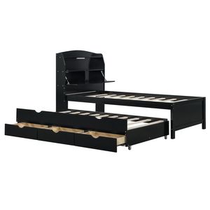 Letto a piattaforma in legno con luci LED, misura Twin, con letto estraibile e cassetti contenitore nella testiera (Vecchio SKU N820S00008D) - Product Image 4